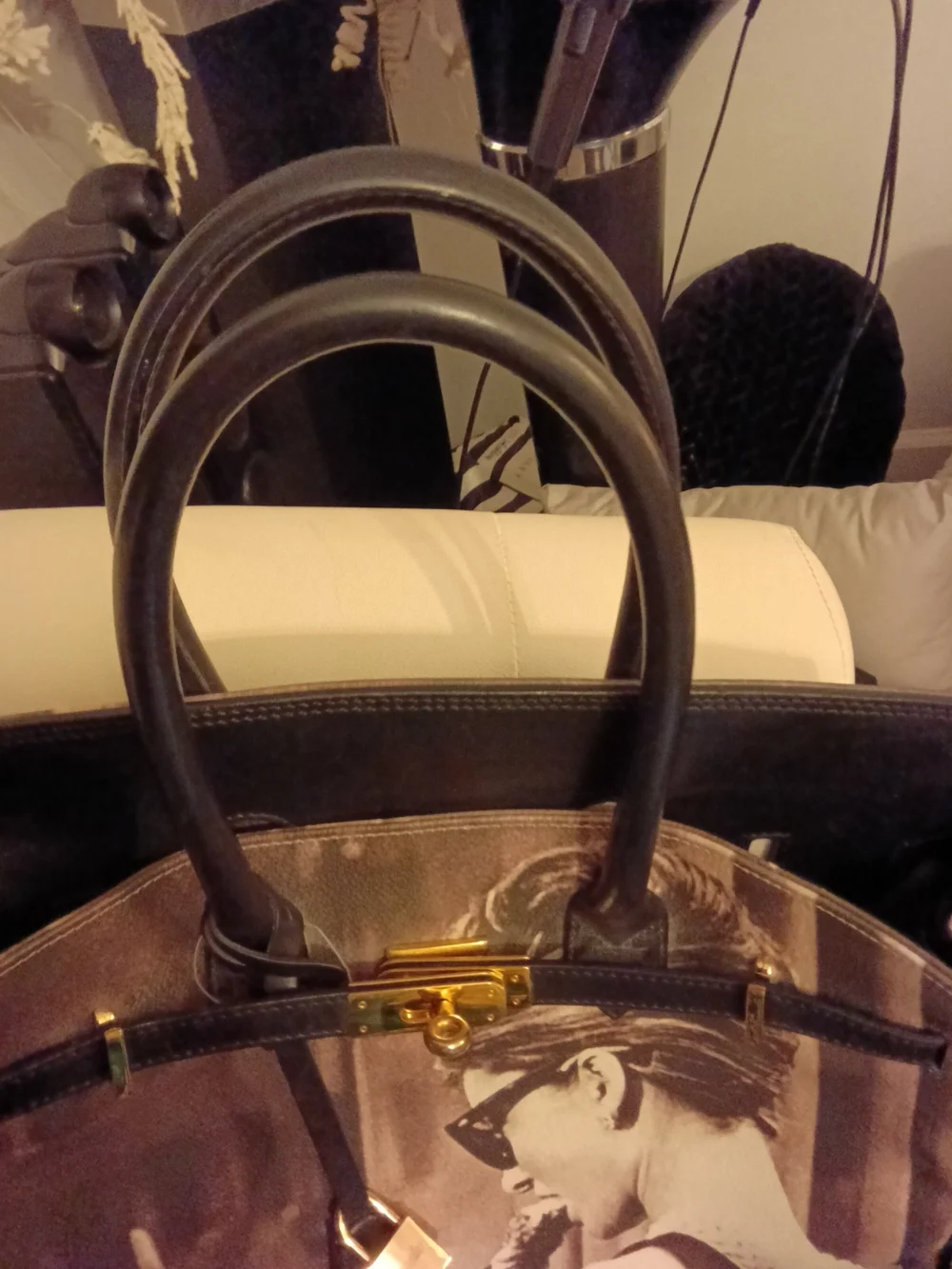 Vtg. Bagghy Leather-Trim Printed Audrey Hepburn Tote